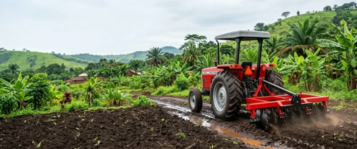 2WD vs 4WD tractors: which is better for DRC conditions? - Brand New Massey Ferguson Tractors & Farm Implements for Sale Red tractor with a tiller plows a muddy field in a tropical farm, banana trees and hills in the background.